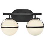 Hinkley Lighting - Hollis 2-Light Bath, Black - The distinctive vintage globe design of Hollis invokes a mid-century mood yet its clean lines and sophisticated silhouette provide versalitilty for a variety of decors. With a dramatically elongated stem the one light sconce steals the show. Etched opal glass globes shine against a Heritage Brass or a Black finish.