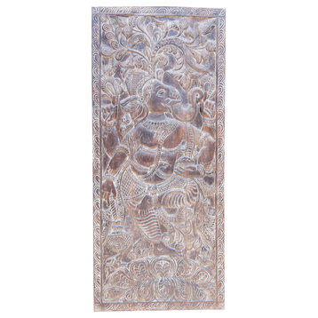 Consigned Vintage Nritya Ganesha DOOR Panel,Dancing on Lotus Carved Panel