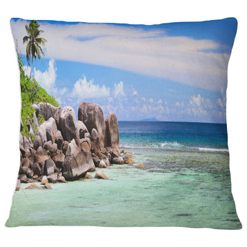 Beautiful Seychelles Rocky Coast Landscape Printed Throw Pillow, 18"x18"