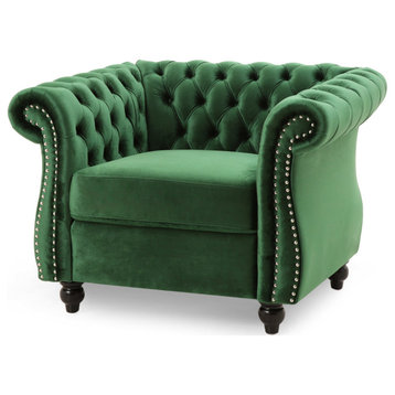 Leila Chesterfield Velvet Club Chair, Emerald, Dark Brown