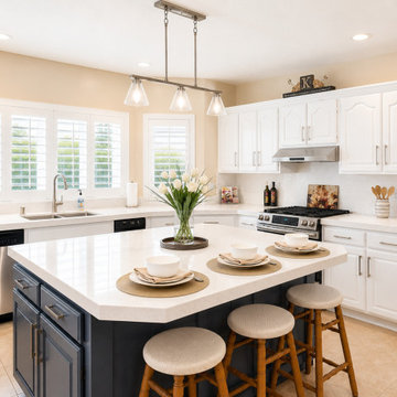 White Quartz Kitchen with Navy Island and Plantation Shutters