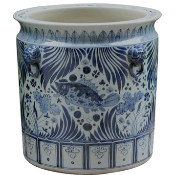 Planter Vase Fish Lion Handle Blue White Porcelain Handmade Ha
