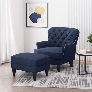 Contemporary Accent Chair With Ottoman, Padded Seat & Button Tufted Back, Blue