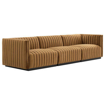 Conjure Channel Tufted Velvet Sofa, Black Cognac