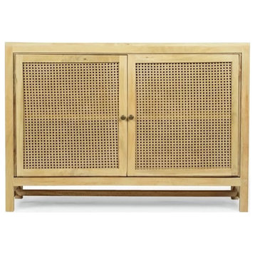 Mid Century Modern Storage Cabinet, Mango Wood Frame With Wicker Doors, Natural