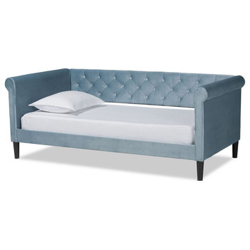 Cora Light Blue Velvet Upholstered and Dark Brown Finished Wood Twin Size Daybed