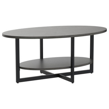 Modern Industrial Coffee Table, Metal Frame With Oval Shaped Top, Rustic Black