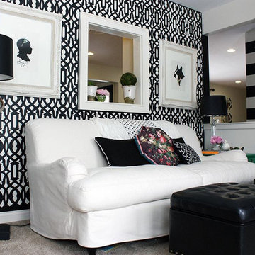 Black and White Trellis Stenciling Living Room