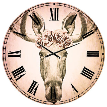 Moose With Floral Head Wreath Moose Large Metal Wall Clock, 36x36