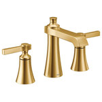 Moen - Moen Two-Handle Bathroom Faucet Brushed Gold, TS6984BG - The Flara bathroom suite beautifully blends timeless classics with contemporary flair. The faucets bold details, clean lines and expressive, gestural flared surfaces combine with slim proportions and a tall, elegant stature for a striking appearance. The Flara bathroom suite includes single-handle and two-handle faucet options, matching tub/shower fixtures, a tub-filler faucet, and a broad selection of matching accessories that provides a cohesive look throughout the bath.