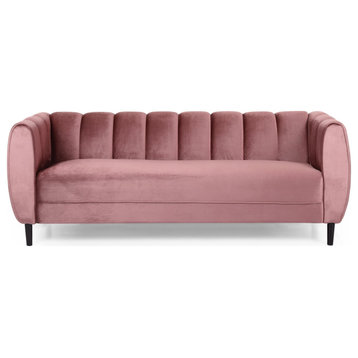 3 Seater Sofa, Channel Tufted Backrest With Cushioned Velvet Seat, Blush