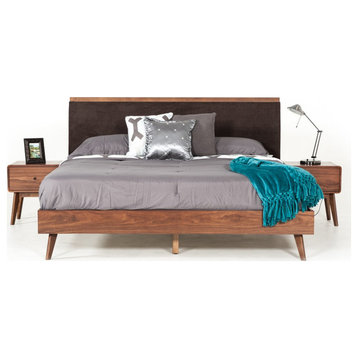 Onyx Mid-Century Modern Brown Fabric and Walnut Bed, Queen