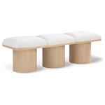 Meridian Furniture - Pavilion Black Boucle Fabric Bench, Cream, Natural Finish, 54" W X 15.5" D X 17.5" H - Bring valuable seating and remarkable style to your space with this cream Pavilion boucle fabric bench, an exquisite balance of style and usability for the entryway, bedroom, and beyond. Crafted from oak veneer with a natural finish, this bench has a 4-inch-thick seat cushion that's channel-tufted for a touch of luxury. The bench's columnar bases add a dash of art deco design, making it a captivating focal point in any room.