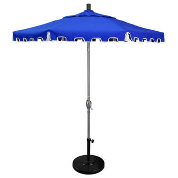 9' Gray Greek Key Patio Umbrella With Push Button Tilt and Tassels, Pacific Blue