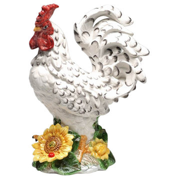 Large White Rooster With Sunflower Figurine