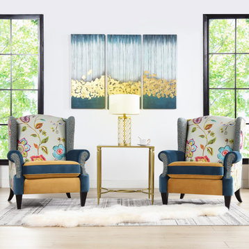 Anya Boho Chic Wingback Accent Arm Chair, Floral & Leopard, Satin Teal & Gold Velvet