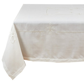 Fabia Collection Embroidered Fleur de Lis Tablecloth, Ivory, 69"x104"