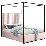 Meridian Furniture - Jax Velvet Bed, Pink, Queen - Dream big in the Jax pink velvet canopy bed. This handsome Meridian Furniture bed has a channel tufted headboard, giving the bed a regal and sophisticated look. The headboard is tufted for added elegance, and the bed comes with a matte black steel canopy, adding to its overall elegance and grandeur. pink velvet fabric used on the sides and headboard gives it a luxe vibe, and the headboard is heavily padded, making it an ideal backrest for reading or watching TV.