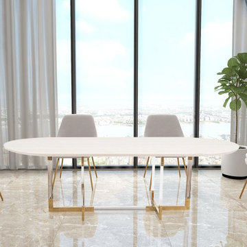 63" White Modern Oval Dining Table with Marble Tabletop & Acrylic Base