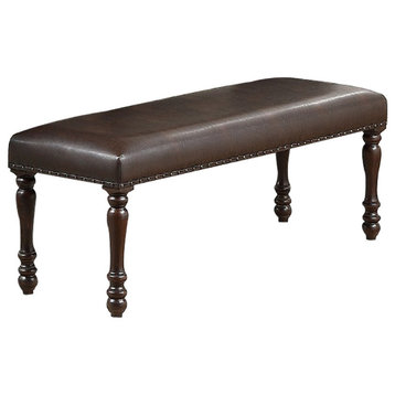 Nailhead Trim Faux Leather Dining Bench With Turned Legs, Brown