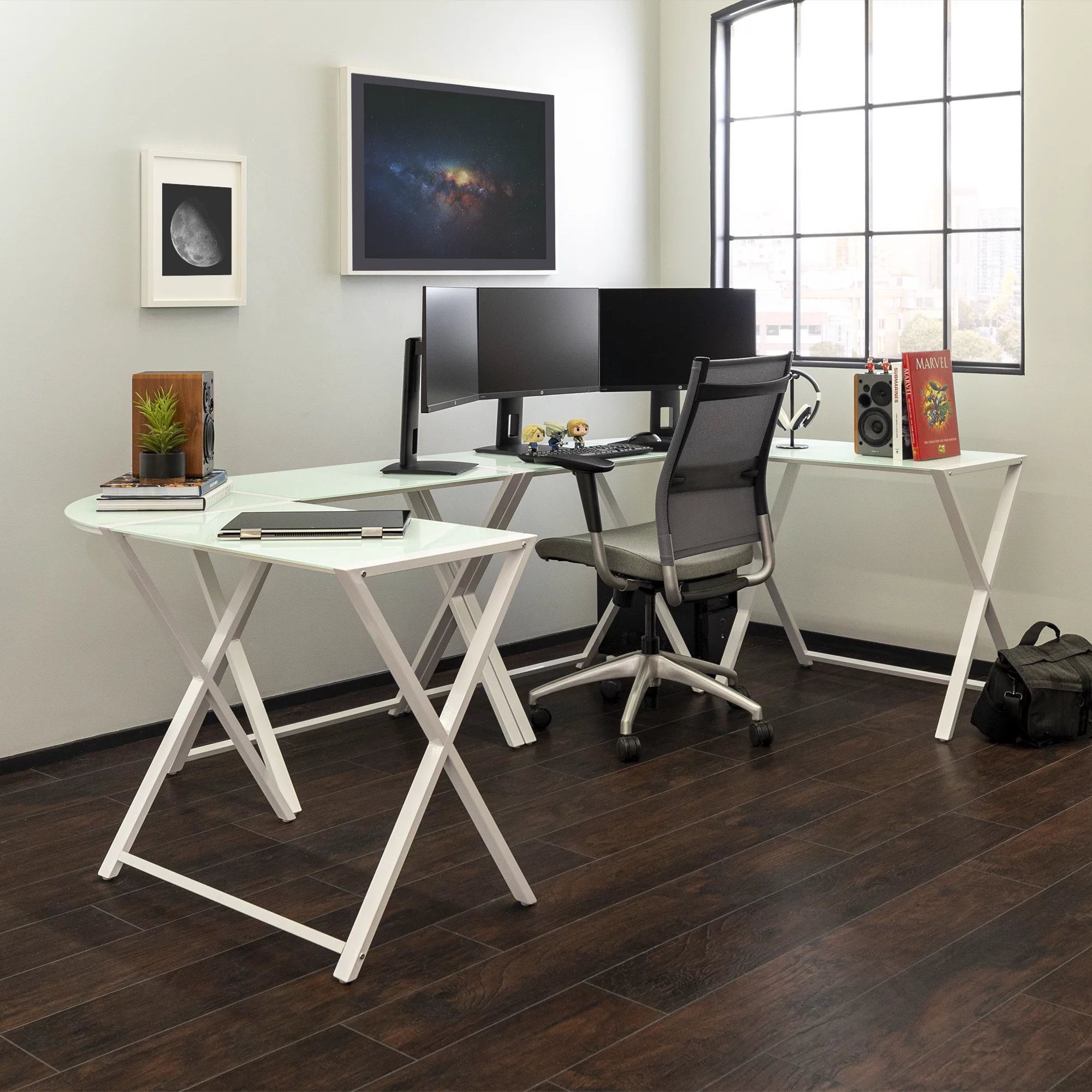 Transitional L-Shaped Desk, X-Shaped Trestle Base With Tempered Glass ...