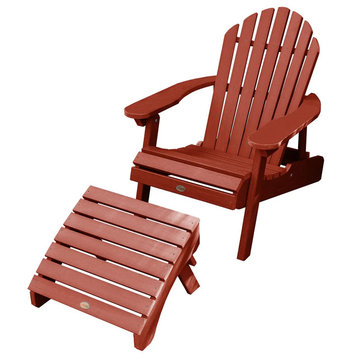 Adirondack Chair & Footrest, Folding Design With Wide Arms, Rustic Red