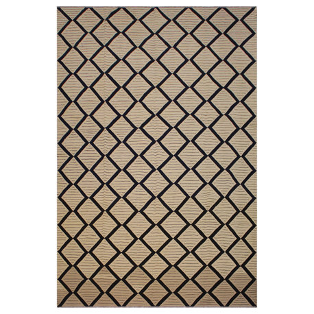 Retro Turkish Kilim Shull Beige/Black Wool Rug - 9'10'' x 12'10''