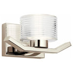 Kichler Lighting - Kichler Lighting 44349PNLED Lasus - 10.25" 11W 1 LED Wall Sconce - Offset Polished Nickel asymmetrical arms hold clear ribbed glass for a look that adds whimsy to modern style. The Lasus 1 light wall sconce creates visual interest from any angle, giving the illusion of movement wherever you choose: dining areas, kitchens  650  40000 Hours  Mounting Direction: Up/Down  Shade Included: Yes  Dimable: YesLasus 10.25" 11W 1 LED Wall Sconce Polished Nickel Clear Ribbed GlassUL: Suitable for damp locations, *Energy Star Qualified: n/a  *ADA Certified: n/a  *Number of Lights: Lamp: 1-*Wattage:11w LED bulb(s) *Bulb Included:Yes *Bulb Type:LED *Finish Type:Polished Nickel