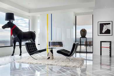 Living room - contemporary open concept living room idea in Denver with white walls and a ribbon fireplace