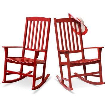 2 Pack Patio Rocking Chair, Mahogany Wood Frame and Slatted Seat, Red