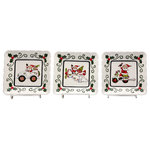 Cosmos Gifts Corp - Santa Plates, Set of 3 - Decorate a console or kitchen shelf with this set of charming Santa Plates. Made from hand-painted ceramic in red, green, white, these three decorative plates are festive and fun. The plates feature images of Santa driving a car, piloting an airplane, and riding a scooter.