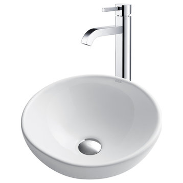Elavo Round Ceramic Vessel Sink, Bathroom Ramus Faucet, PU Drain, Chrome