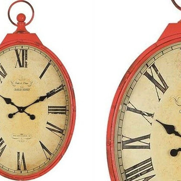 Large Pocket Watch Wall Clock - Red Crackle Finish