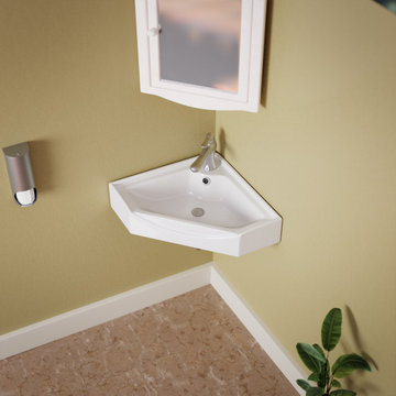 White Modern Bathroom Wall Mount Corner Sink Alexander II with Overflow
