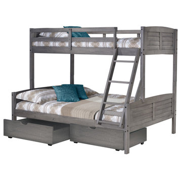 Twin/Full Louver Bunk Bed With Dual Under Bed Drawers In Antique Grey Finish