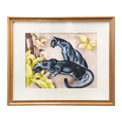 Tropical Airbrush Watercolor Panther Painting Signed Peters - Fine Art Prints