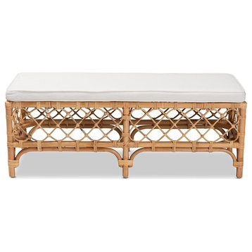 Baxton Studio Orchard White Fabric Upholstered and Brown Rattan Bench