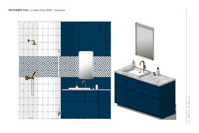 Aménagement d'une petite salle d'eau éclectique avec des portes de placard bleues, une douche à l'italienne, WC suspendus, un carrelage bleu, des carreaux de céramique, un mur bleu, un sol en carrelage de céramique, un plan vasque, un plan de toilette en granite, un sol blanc, une cabine de douche à porte battante et un plan de toilette blanc.