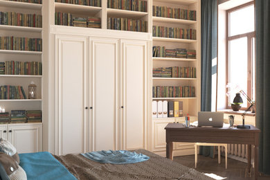 Пример оригинального дизайна: хозяйская спальня в стиле неоклассика (современная классика) с серыми стенами и полом из ламината