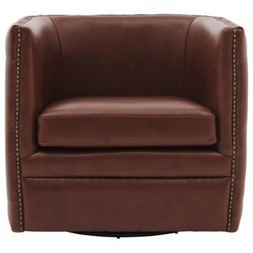 New Pacific Direct Leslie 18" Top Grain Leather Swivel Tufted Chair in Brown