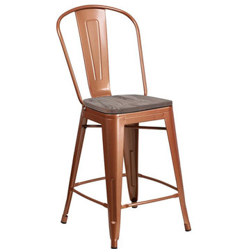 24" Metal Counter Height Stool With Back and Wood Seat, Copper