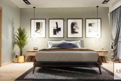 Imagen de dormitorio principal actual grande con paredes verdes y suelo de madera clara