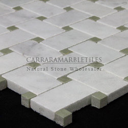 White Carrara Marble Italian Bianco Carrera Basketweave Mosaic Tile with Green D - Products