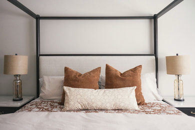 Inspiration for a huge 1950s gray floor bedroom remodel in Other with a standard fireplace and a stone fireplace