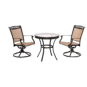3 Pieces Outdoor Bistro Set, Golden Bronze Finished Frame, Swiveling Chairs