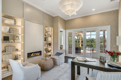 Inspiration for a large transitional formal and enclosed dark wood floor and brown floor living room remodel in Orlando with beige walls, no fireplace, a tile fireplace and no tv