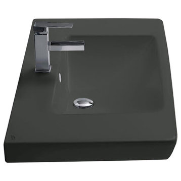 Rectangle Matte Black Ceramic Wall Mounted or Drop In Sink, One Hole