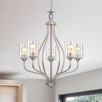 5-Light Brushed Nickel Chandelier With Clear Glass Shades