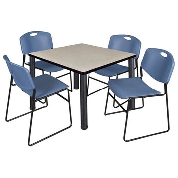 Kee 36" Square Breakroom Table, Maple/ Black and 4 Zeng Stack Chairs, Blue
