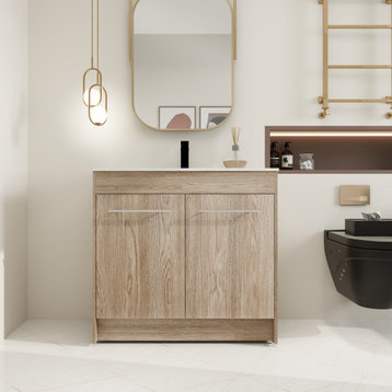 BNK Single Sink Bath Vanity, Adjustable Shelf, White Oak, 36"